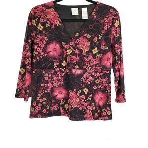 💎303 Emma E James by Liz Claiborne Black Floral Wrap Sheer Sleeve Top